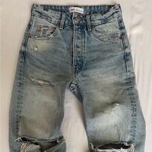 Zara Light Blue Distressed Straight Leg Jeans